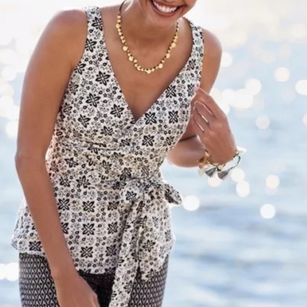 Boden Linen Cotton Wrap Tie Blouse White/Black Floral V Neck Sleeveless Size 12 - Picture 2 of 10